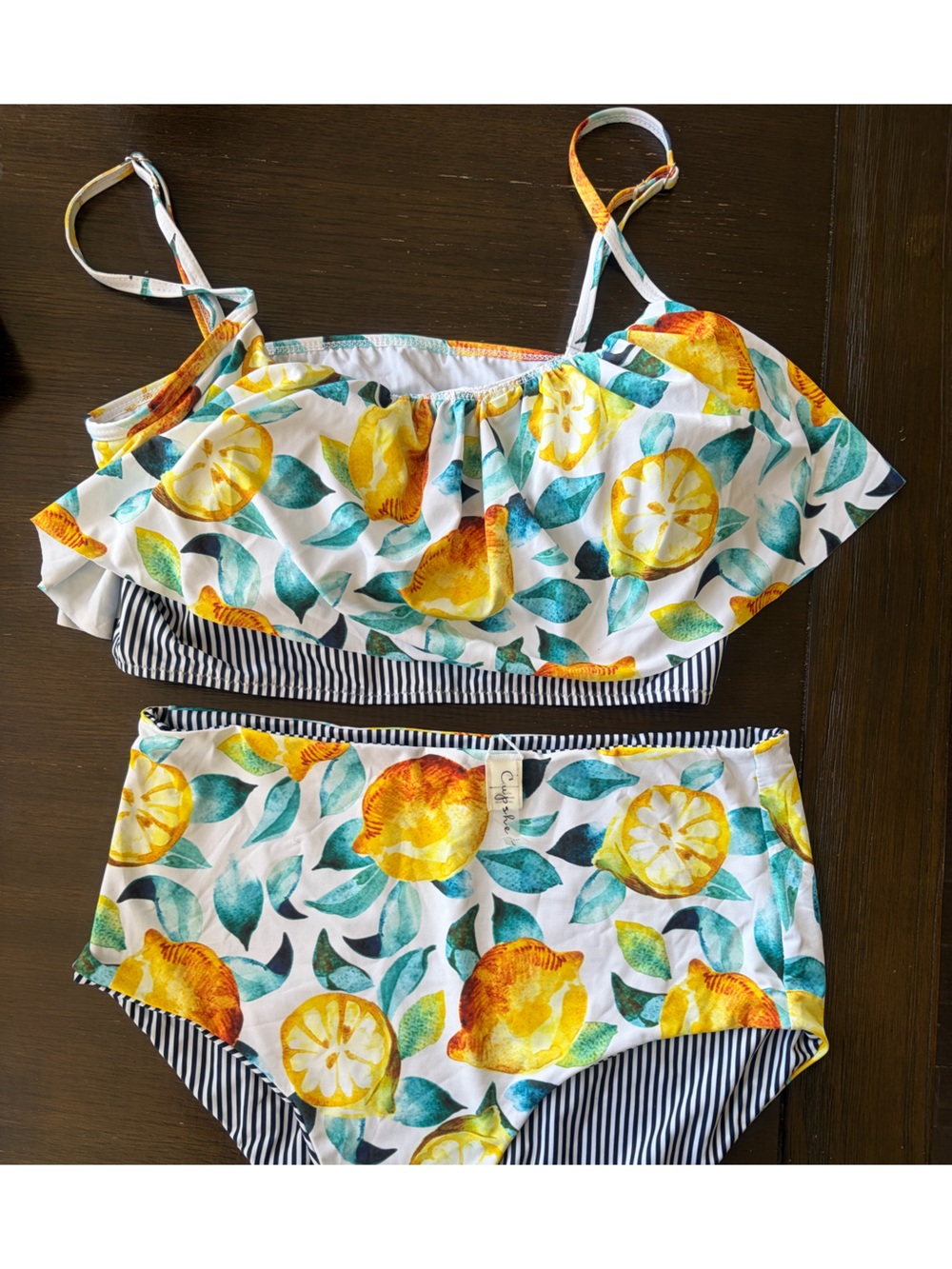 Cupshe Lemon Print Ruffle Bikini Set - Yellow & Teal